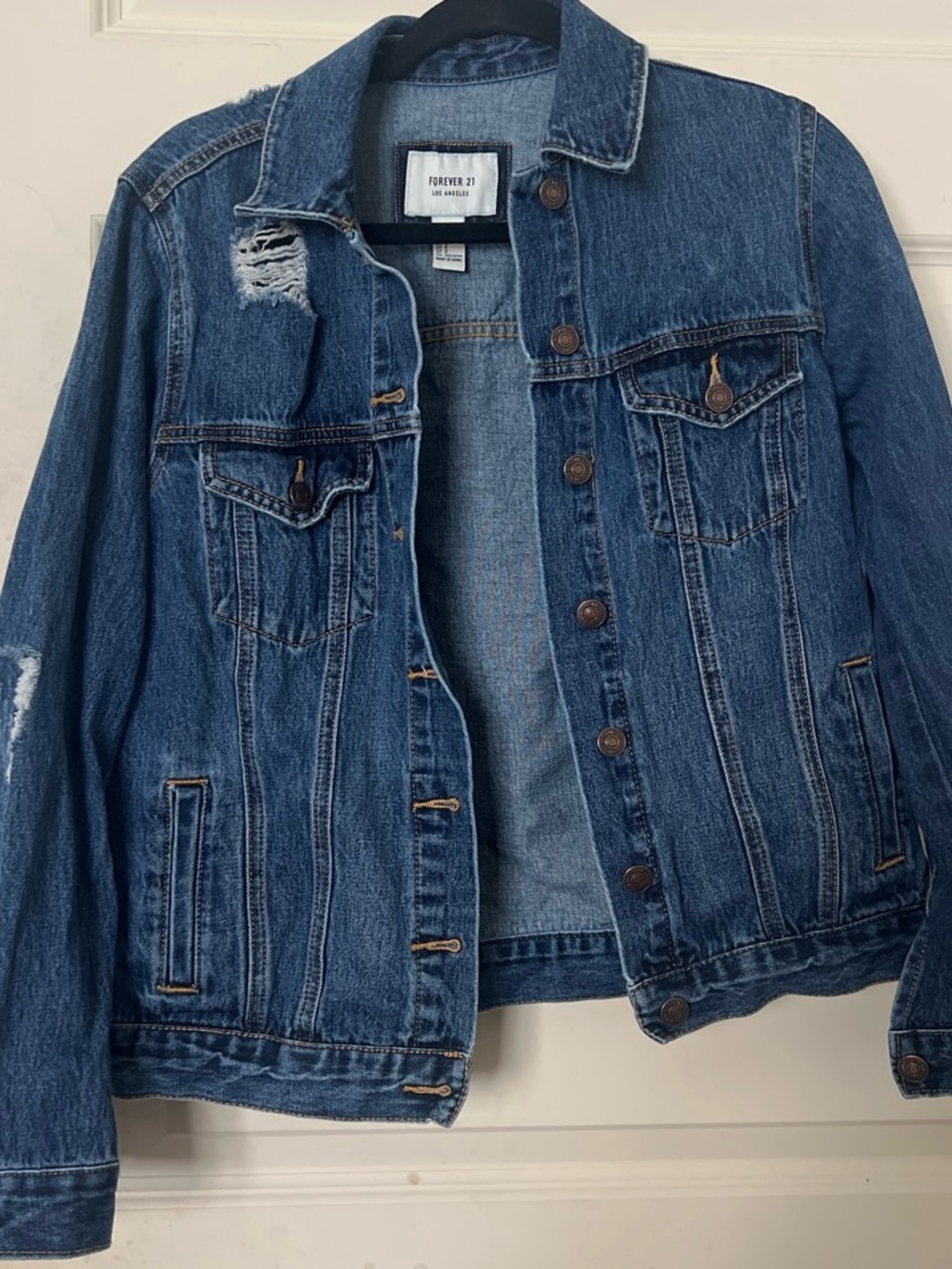 Forever 21 Men's Distressed Dark Blue Denim Jacket